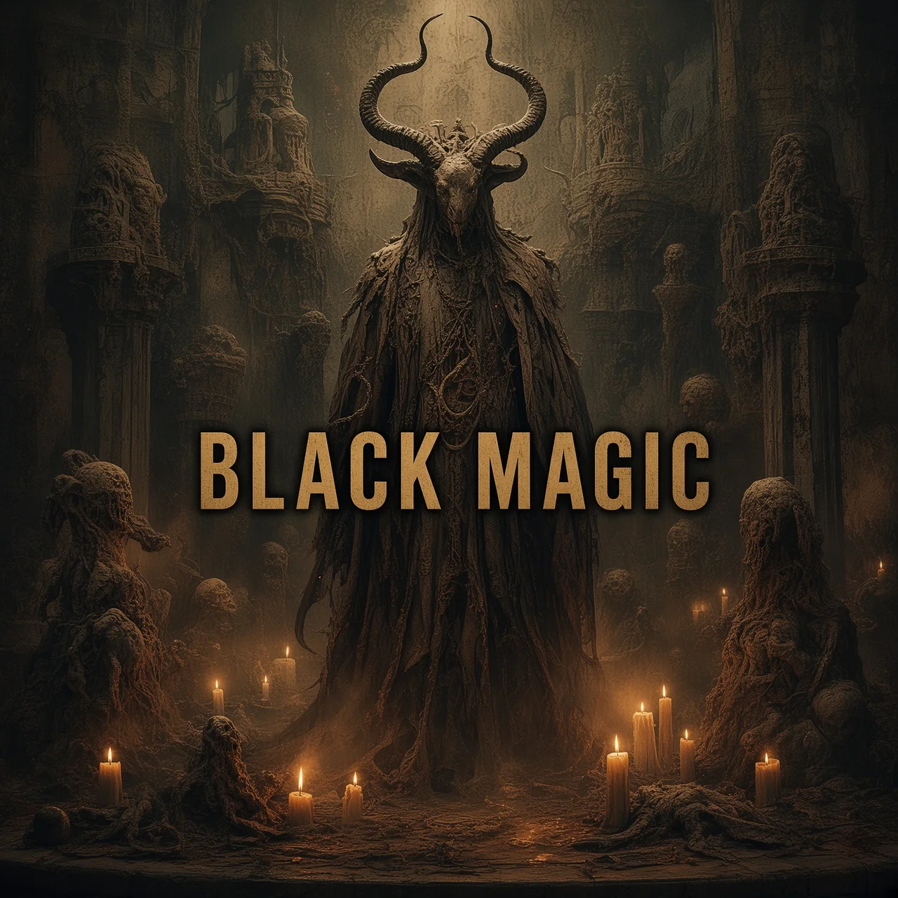 Black magic spellcasting ritual with candles and dark occult ceremonial atmosphere