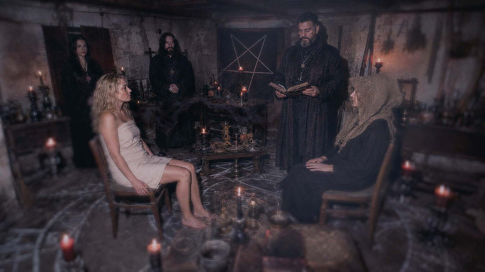 Victor Draconic leading an entity transfer and body exchange ritual with two seated participants in a candlelit occult chamber