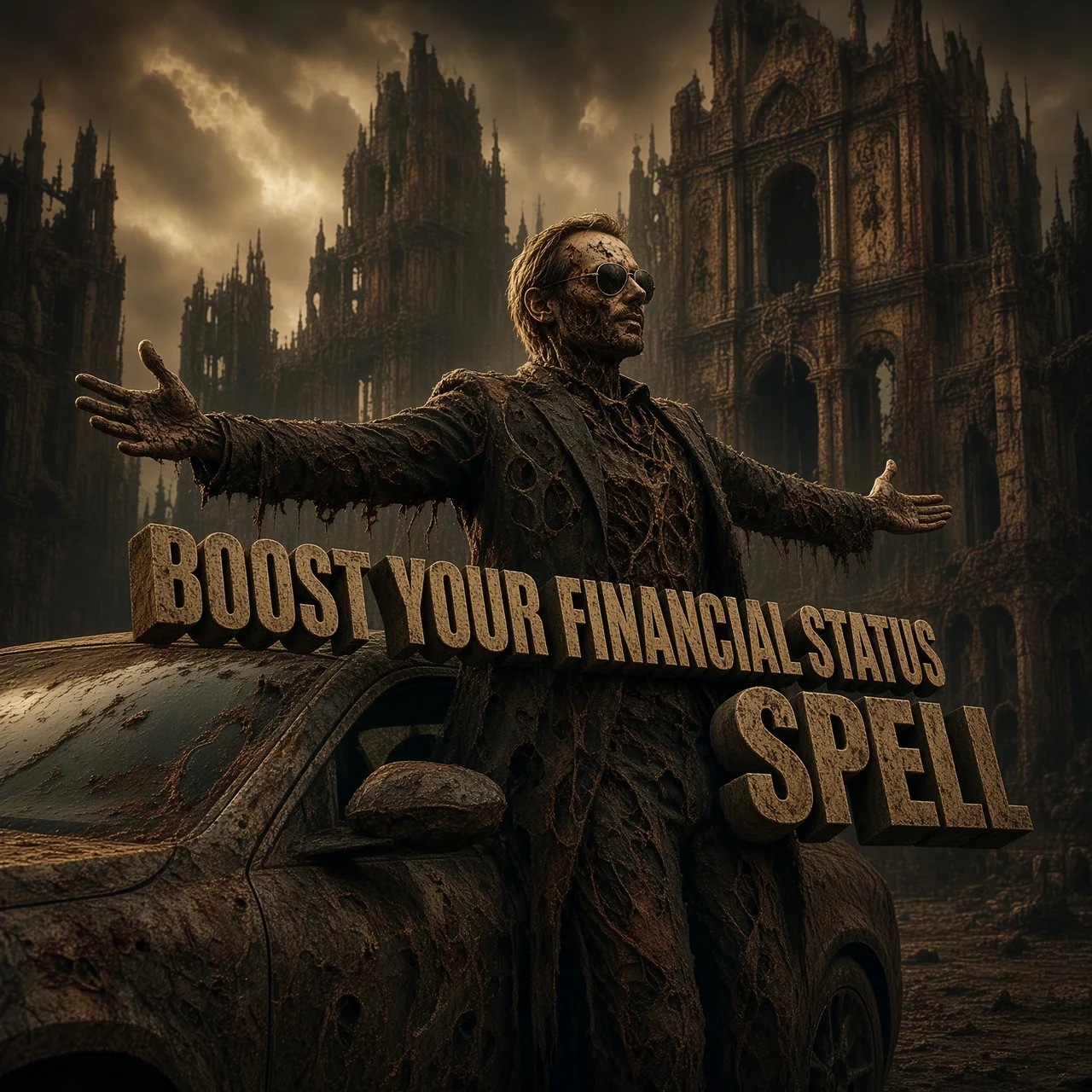 Financial money spell and wealth ritual with occult candles and prosperity symbolism