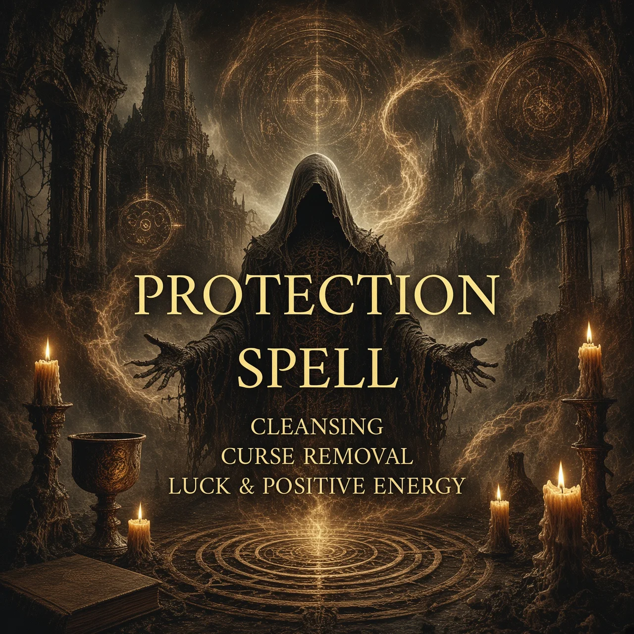Protection spell ritual with candles and protective occult symbols for spiritual cleansing work