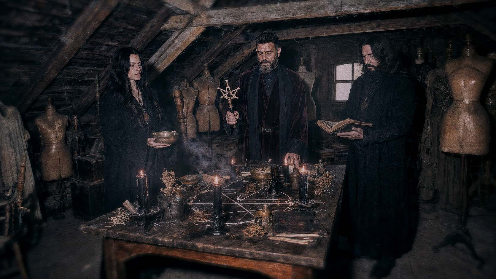Victor Draconic conducting a demonic invocation ritual in an old attic with assistants, ritual tools, candles and an occult altar