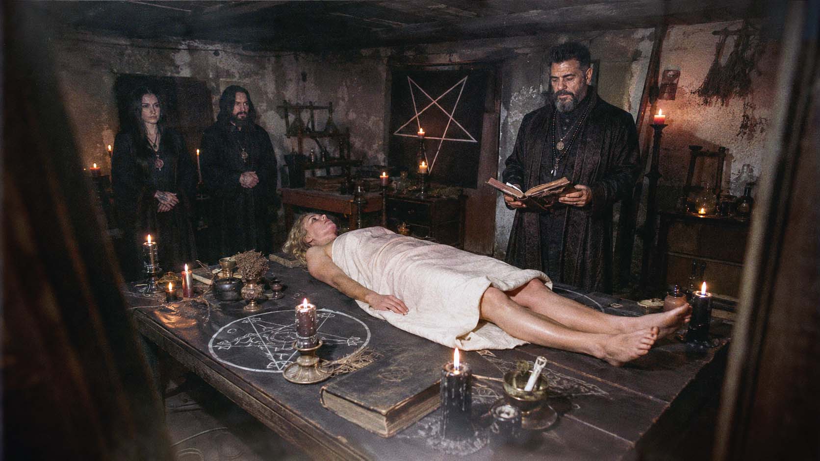 Victor Draconic performing a succubus binding ritual with a woman on a ritual table surrounded by candles, books and occult symbols